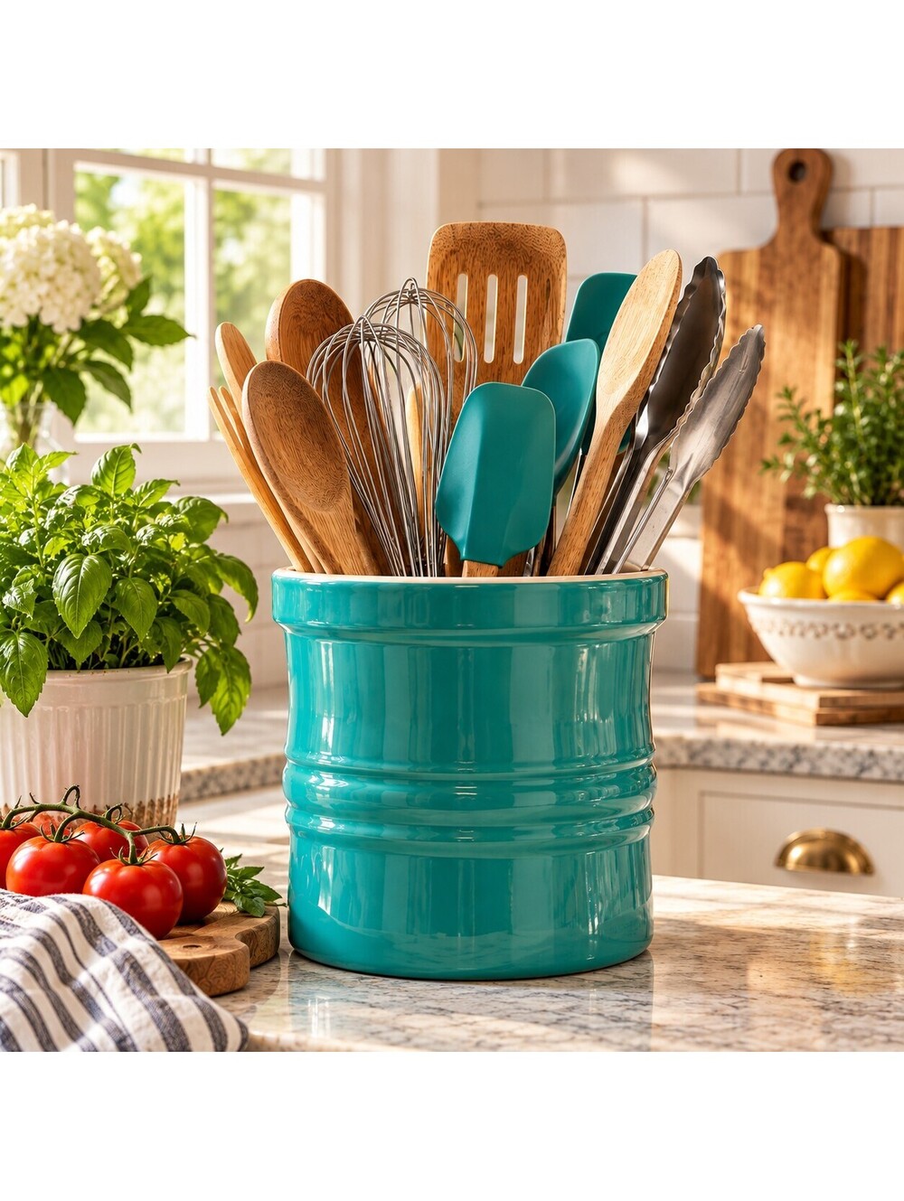 CHEFS Teal Stoneware Utensil Crock 7" Divided Kitchen Tool Holder